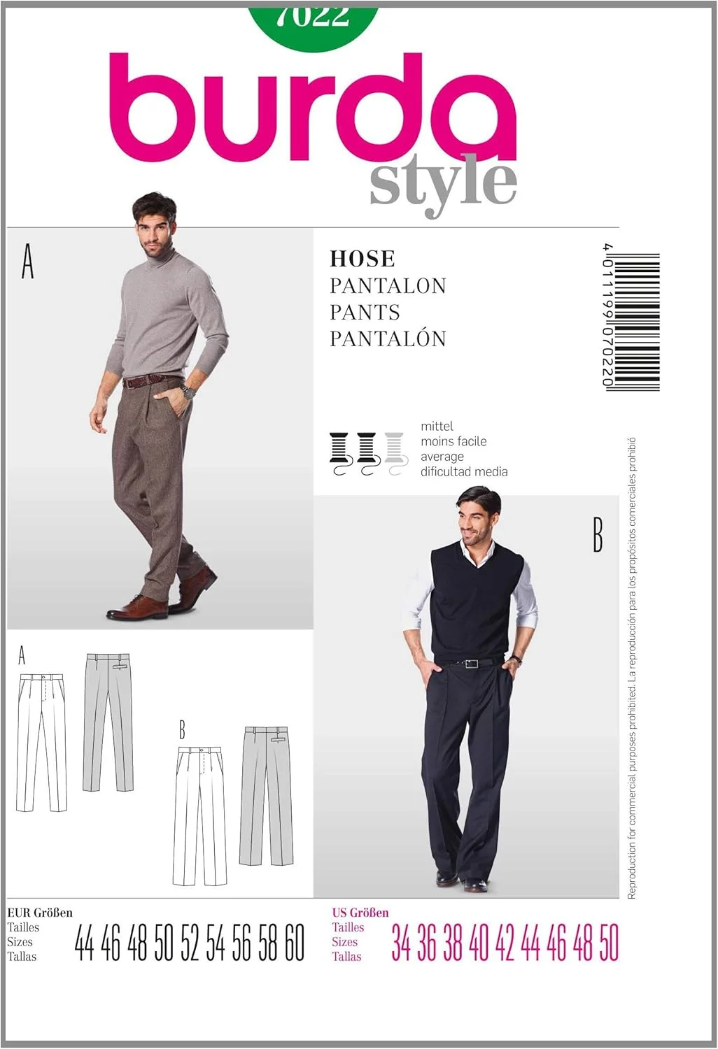 الگوی خیاطی مردانه بوردا استایل مدل 7022 - شلوار سایز: 34-50 مردانه