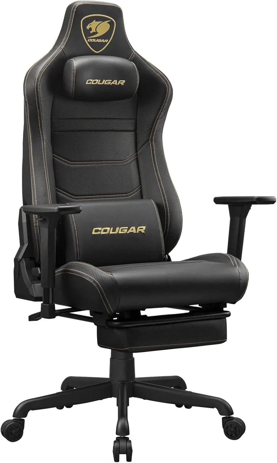 صندلی گیمینگ COUGAR Armor EVO S با چرم PVC ممتاز تنفسی، دسته های قابل تنظیم سه بعدی، زیرپایی جمع شونده، بالشتک کمری، فوم بالش گردنی مغناطیسی (طلایی)