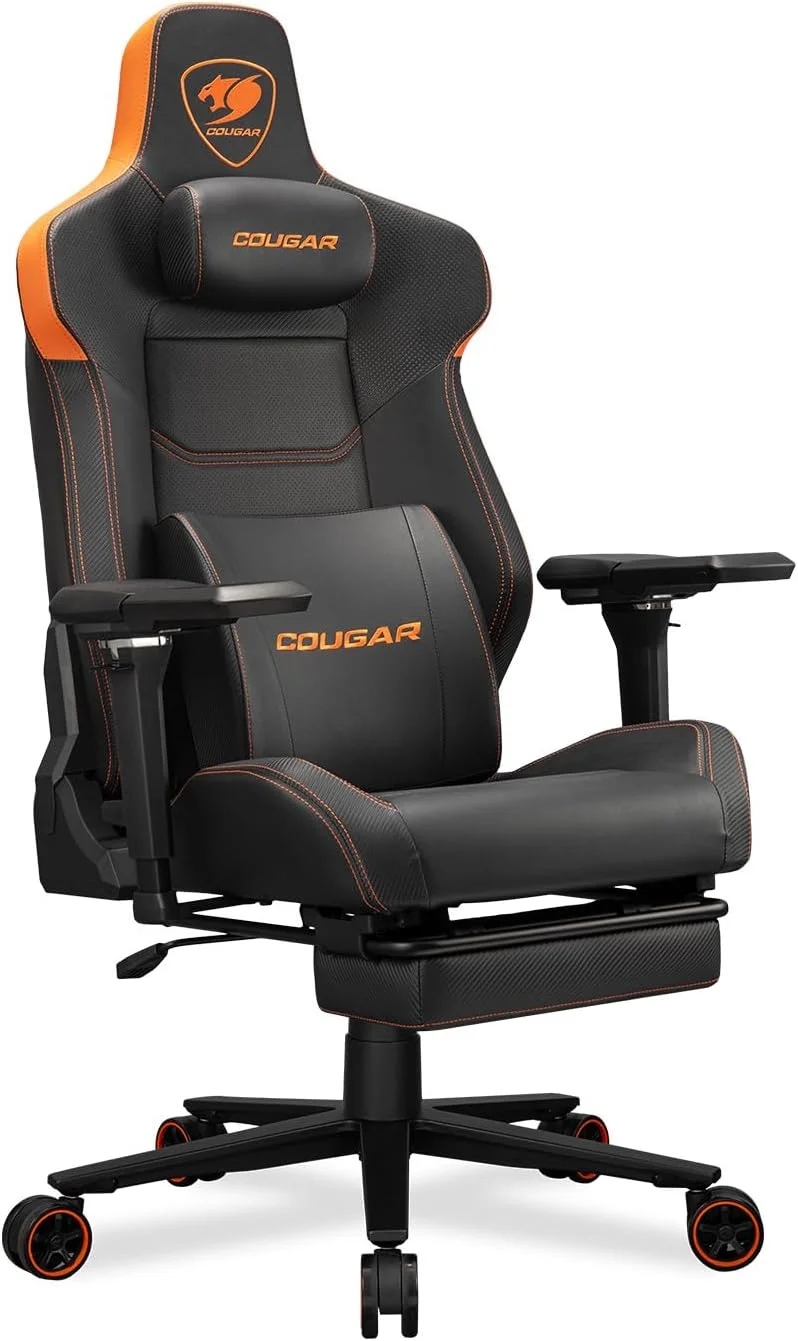 صندلی گیمینگ COUGAR Armor Evo با چرم PVC ممتاز تنفسی، پشتیبانی کمری 4 جهته یکپارچه و فوم بالشتک گردنی مغناطیسی (مشکی-نارنجی)