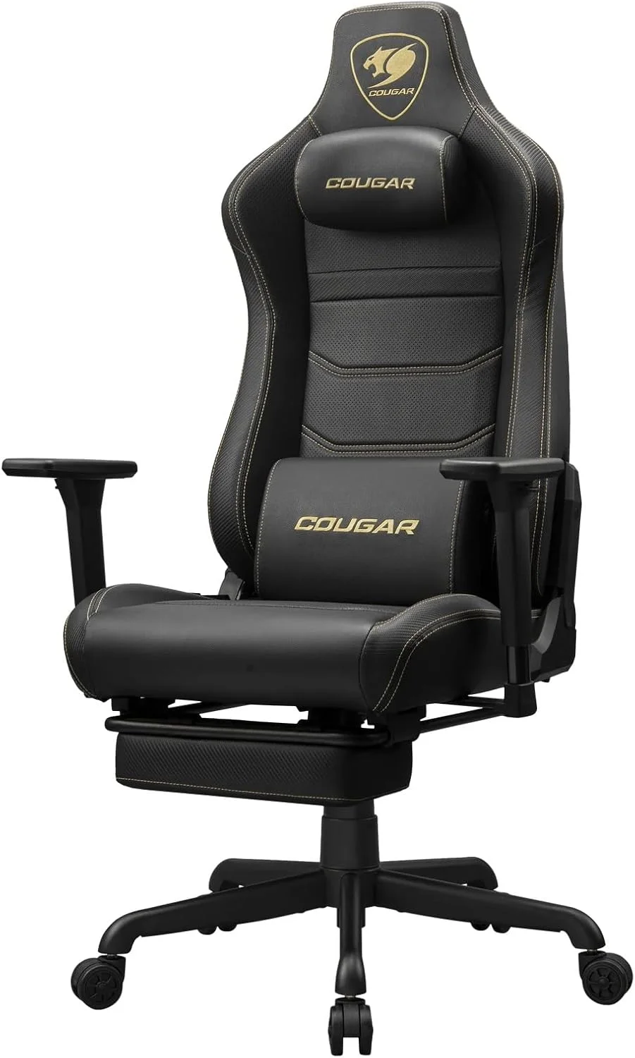 صندلی گیمینگ COUGAR Armor EVO S با چرم PVC ممتاز تنفسی، دسته های قابل تنظیم سه بعدی، زیرپایی جمع شونده، بالشتک کمری، فوم بالش گردنی مغناطیسی (طلایی)