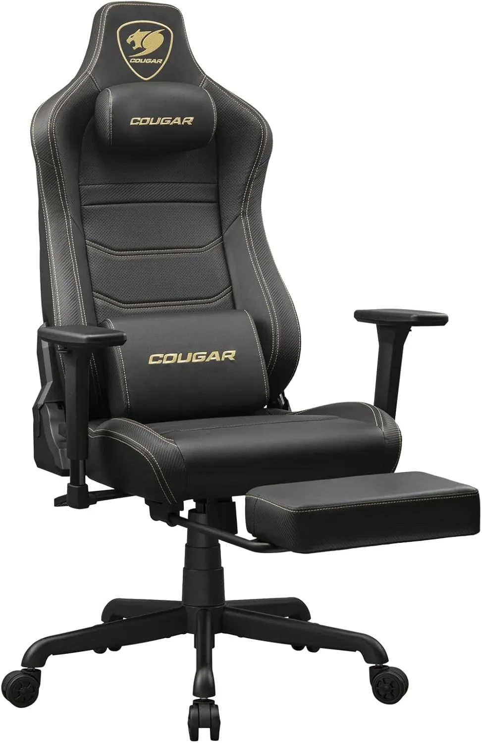 صندلی گیمینگ COUGAR Armor EVO S با چرم PVC ممتاز تنفسی، دسته های قابل تنظیم سه بعدی، زیرپایی جمع شونده، بالشتک کمری، فوم بالش گردنی مغناطیسی (طلایی)