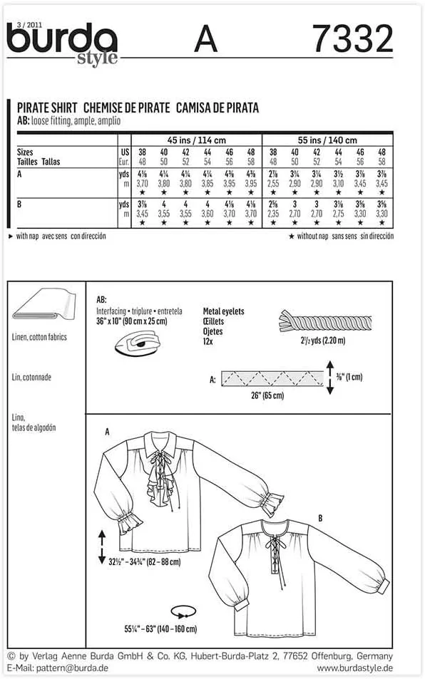 الگوی خیاطی زنانه Burdastyle Burda 7332 - پیراهن دزدان دریایی سایز: 38-48