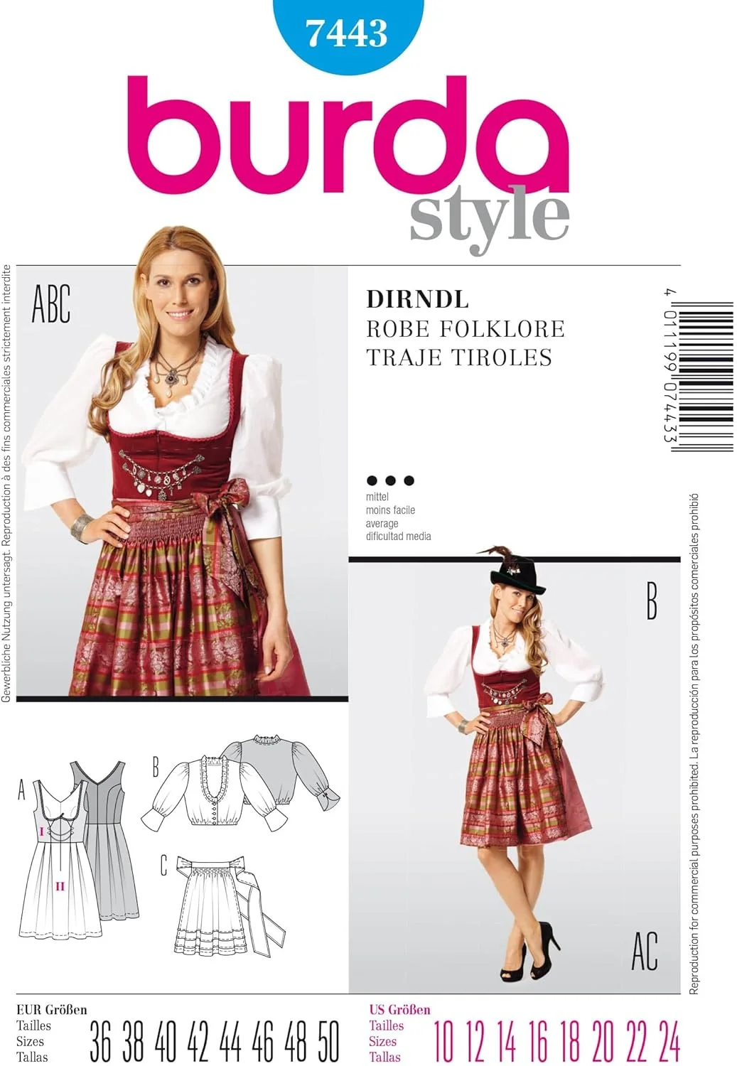 الگوی خیاطی لباس زنانه مدل دیرندل فولکلور بوردا استایل B7443 سایز 38 تا 52، ابعاد 19x13 سانتی متر