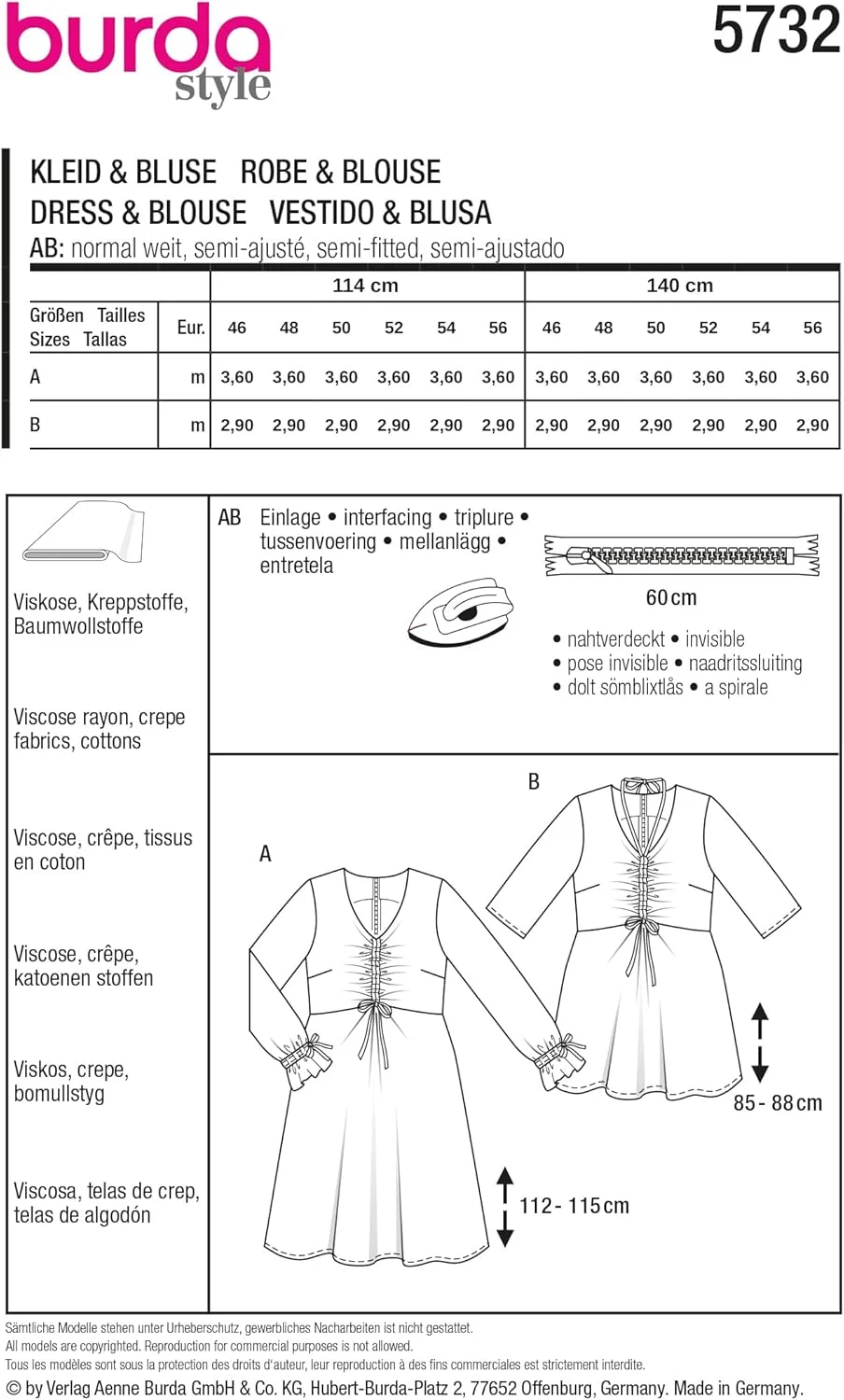 الگوی خیاطی زنانه Burda Style #5732، بلوز و تونیک دکمه دار، سایز 18-20