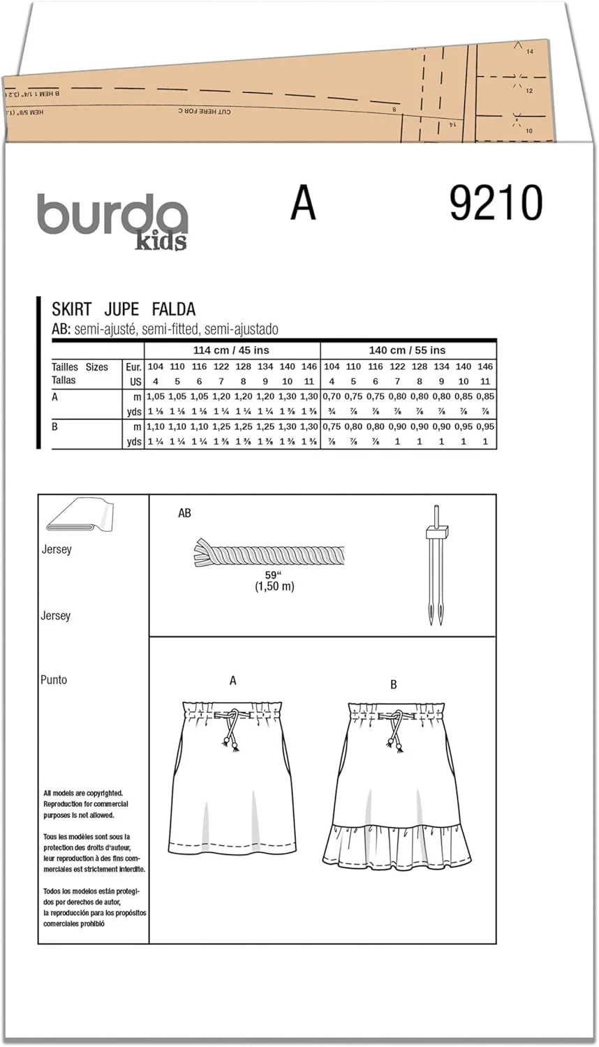 الگوی خیاطی دامن کوتاه بچگانه آسان دوز بردا استایل X09210BURDA، کد طراحی B9210، سایز 4-11 (104-146) الگوی خیاطی دامن کوتاه بچگانه آسان دوز بردا استایل X09210BURDA، کد طراحی B9210، سایز 4-11 (104-146)
