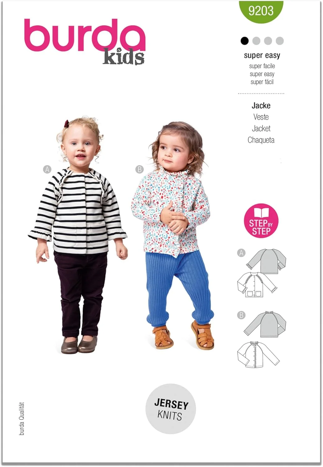 الگوی دوخت آسان ژاکت بچگانه Burda Style X09203BURDA، کد طراحی B9203، سایزهای 6 ماه - 4 سال (68-104)