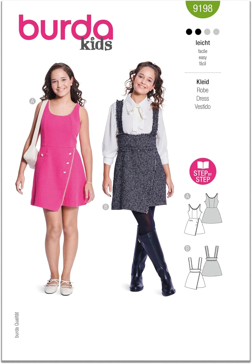 الگوی خیاطی آسان لباس و دامن توئید بچگانه Burda Style X09198BURDA، کد طراحی B9198، سایزهای 10-16 (140-176)
