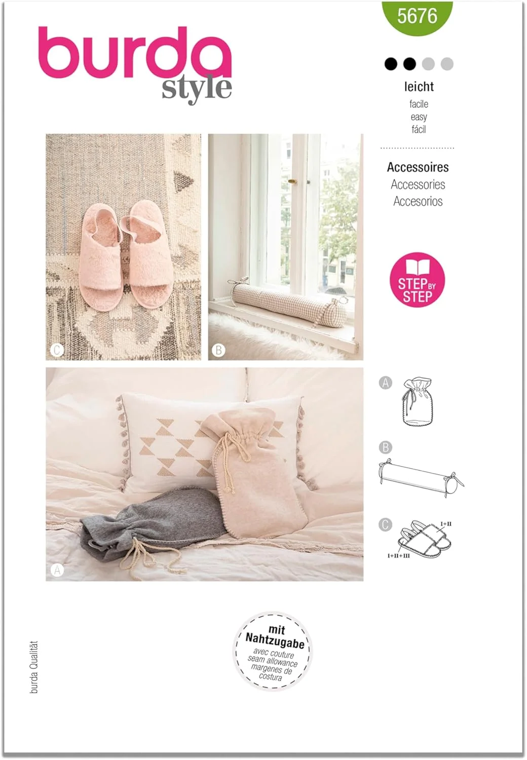 الگوی خیاطی جلد کیسه آب گرم، دمپایی خزدار و مسدود کننده درزگیر بوردا استایل X05676BURDA، کد طراحی B5676، سایز آزاد