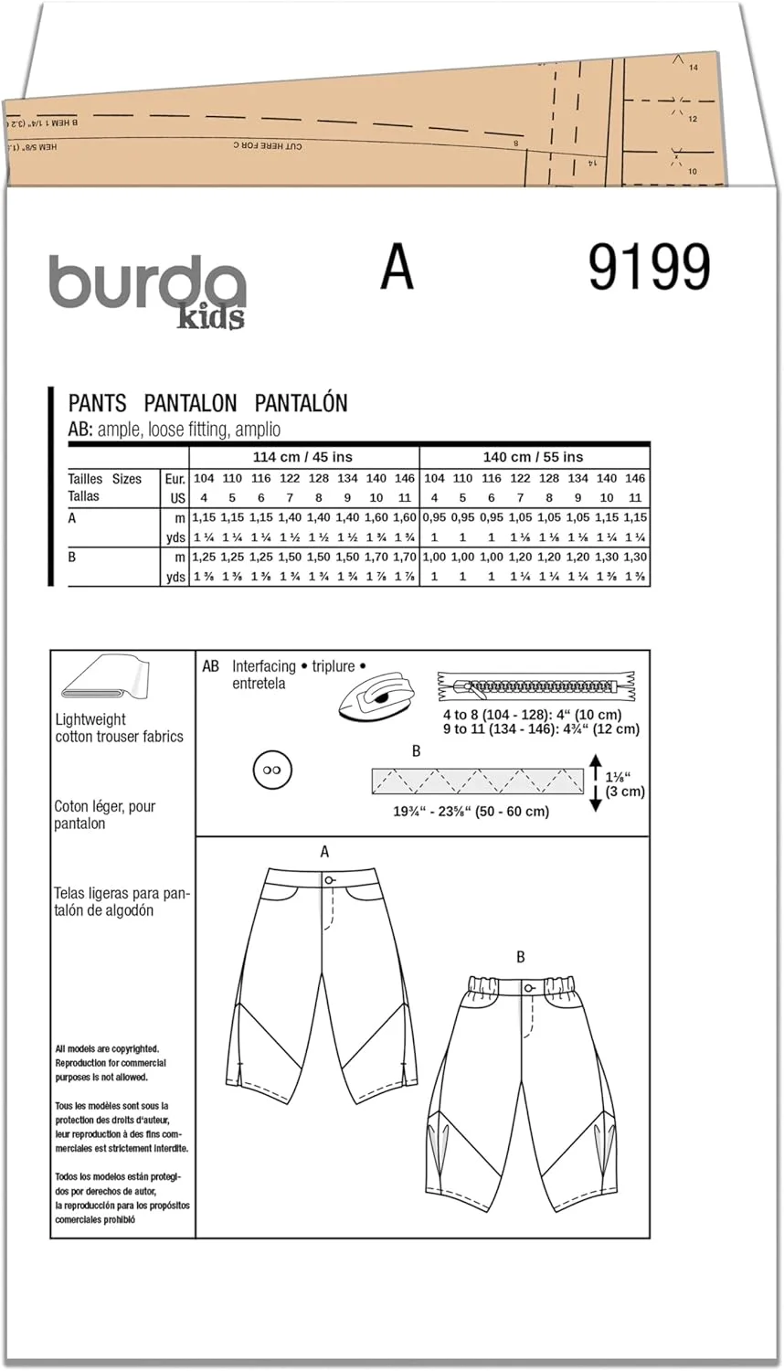 الگوی خیاطی شلوارک و ژاکت بچگانه Burda Style X09199BURDA، کد طراحی B9199، سایزهای 4-11 (104-146) الگوی خیاطی شلوارک و ژاکت بچگانه Burda Style X09199BURDA، کد طراحی B9199، سایزهای 4-11 (104-146)