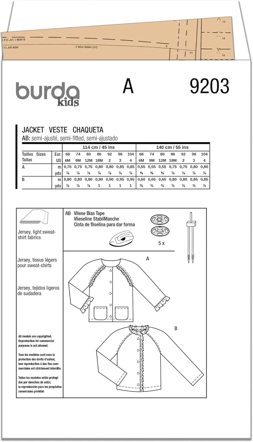 الگوی دوخت آسان ژاکت بچگانه Burda Style X09203BURDA، کد طراحی B9203، سایزهای 6 ماه - 4 سال (68-104) الگوی دوخت آسان ژاکت بچگانه Burda Style X09203BURDA، کد طراحی B9203، سایزهای 6 ماه - 4 سال (68-104)