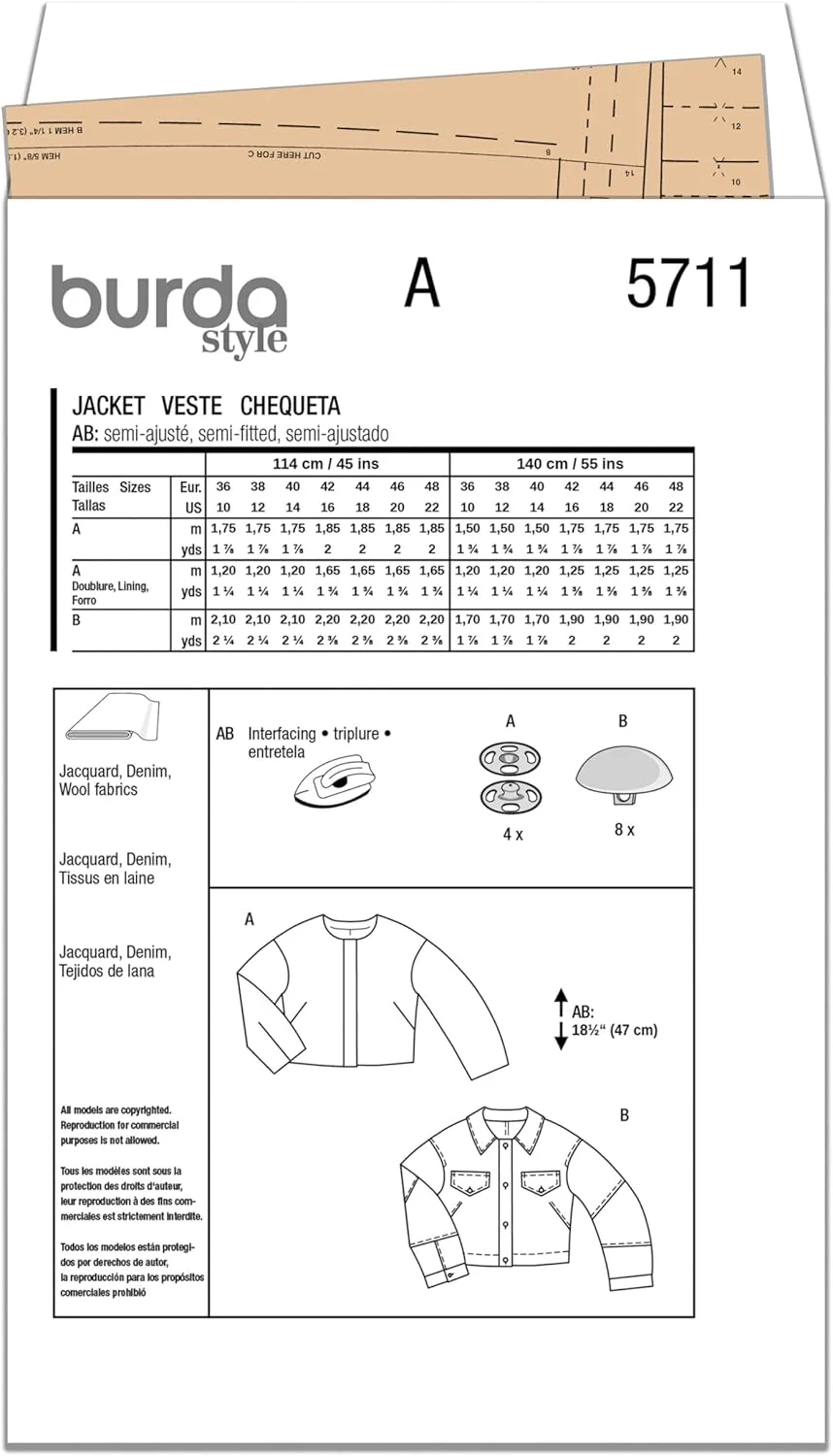 الگوی خیاطی ژاکت زنانه Burda Style X05711BURDA، کد طراحی B5711، سایزهای 10-22 (36-48) الگوی خیاطی ژاکت زنانه Burda Style X05711BURDA، کد طراحی B5711، سایزهای 10-22 (36-48)