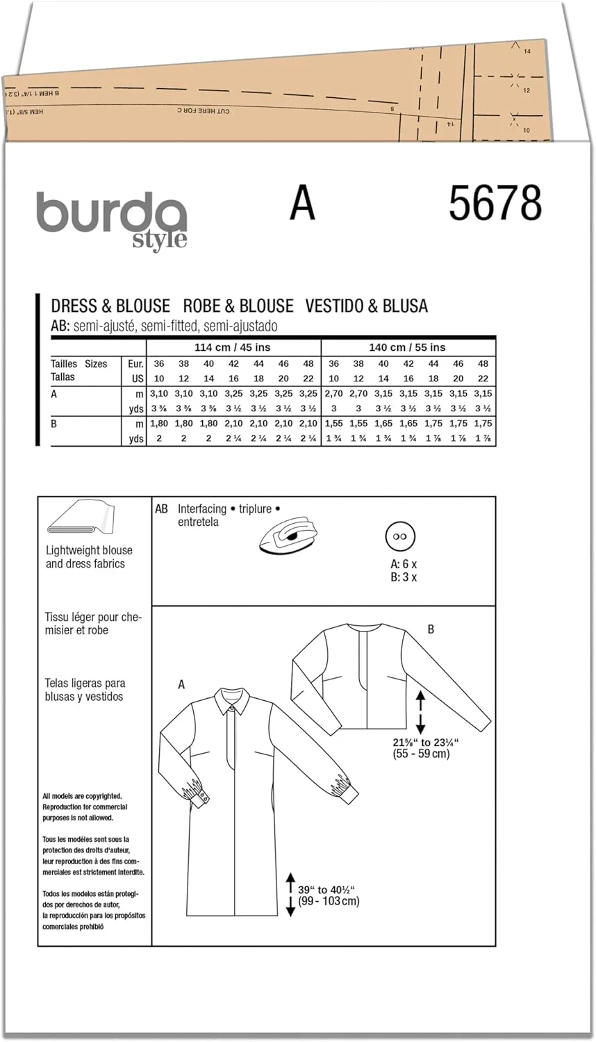 الگوی خیاطی لباس و بلوز زنانه Burda Style X05678BURDA، کد طراحی B5678، سایزهای 10-22 (36-48) الگوی خیاطی لباس و بلوز زنانه Burda Style X05678BURDA، کد طراحی B5678، سایزهای 10-22 (36-48)