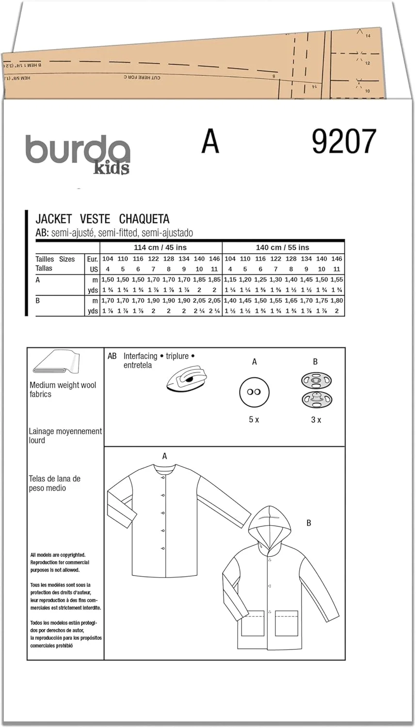 الگوی خیاطی آسان برای دوخت کت بچگانه Burda Style X09207BURDA، کد طراحی B9207، سایزهای 4-11 (104-146) الگوی خیاطی آسان برای دوخت کت بچگانه Burda Style X09207BURDA، کد طراحی B9207، سایزهای 4-11 (104-146)