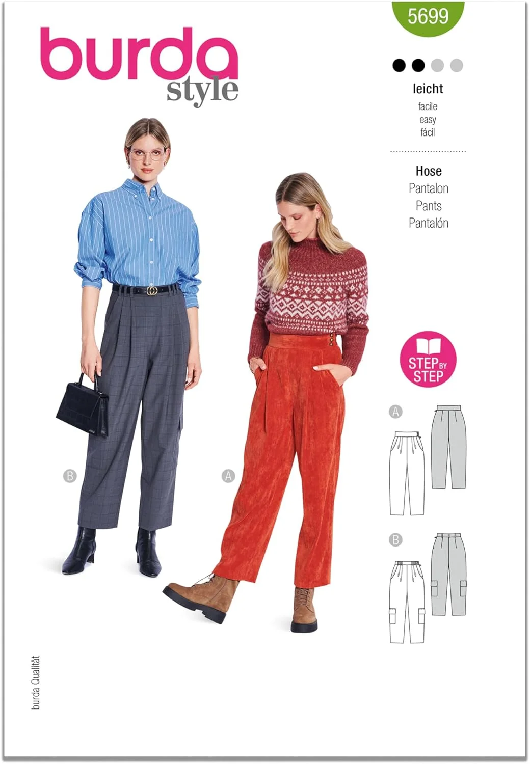 الگوی خیاطی شلوار زنانه کبریتی و کارگو آسان دوزی Burda Style X05699BURDA، کد طراحی B5699، سایزهای 10-22 (36-48)