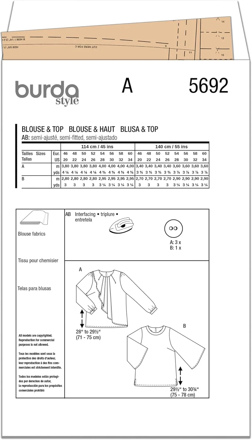الگوی خیاطی بلوز و پیراهن زنانه Burda Style X05692BURDA، کد طراحی B5692، سایزهای 20-34 (46-60)