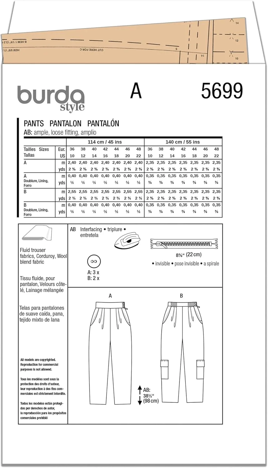 الگوی خیاطی شلوار زنانه کبریتی و کارگو آسان دوزی Burda Style X05699BURDA، کد طراحی B5699، سایزهای 10-22 (36-48)