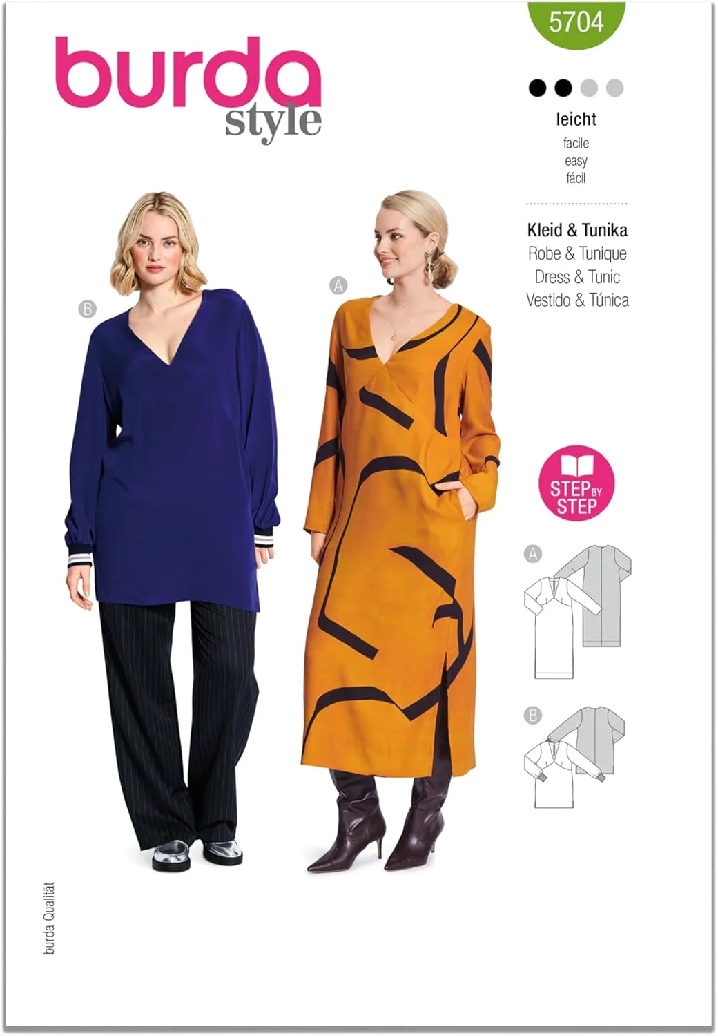 الگوی خیاطی آسان برای دوخت پیراهن ماکسی و تونیک زنانه Burda Style X05704BURDA، کد طراحی B5704، سایزهای 46-60 (20-34)