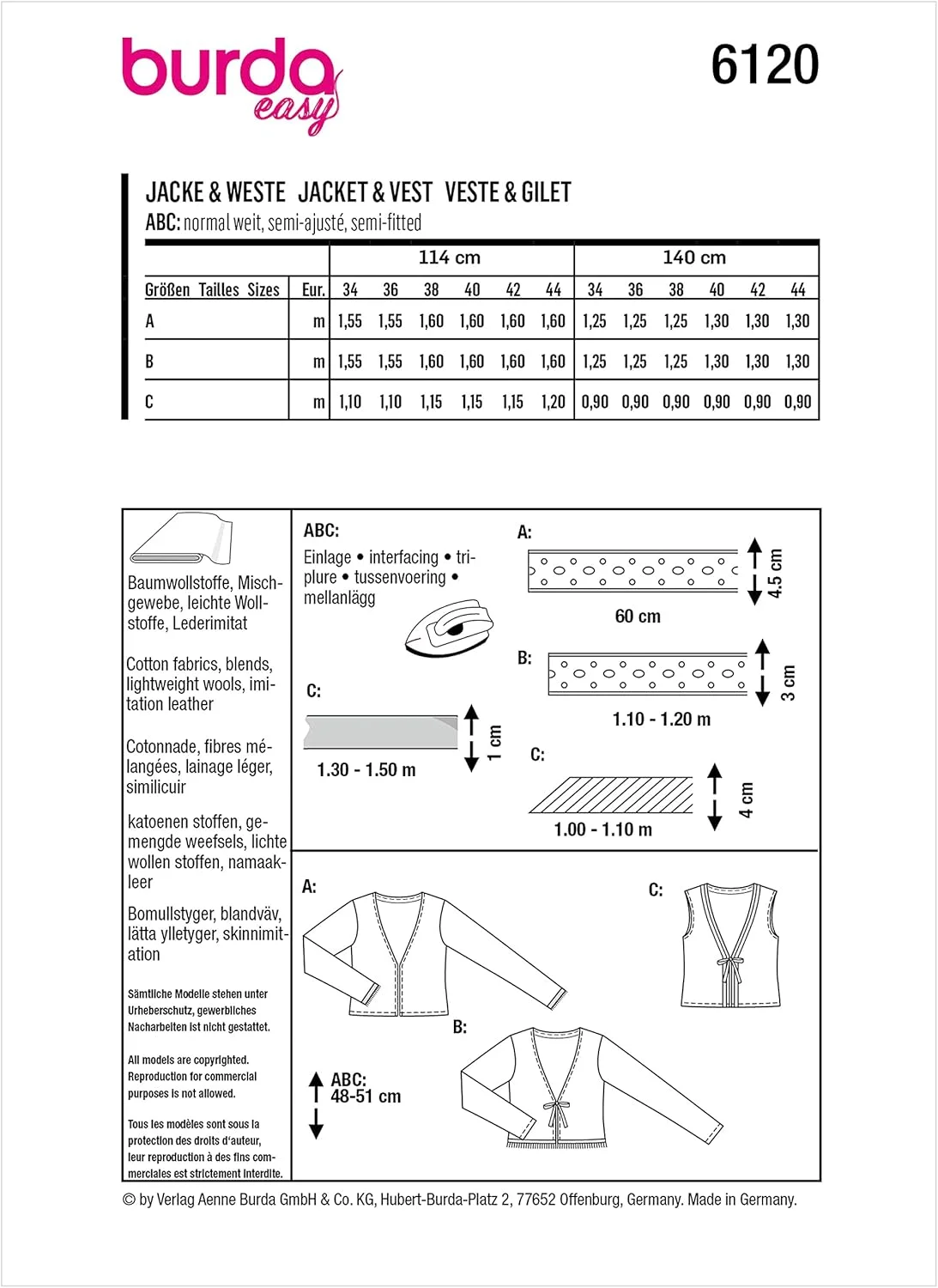 الگوی خیاطی آسان بوردا استایل برای کت و جلیقه یقه هفت زنانه، کد 6120، سایزهای 8-18، چند رنگ