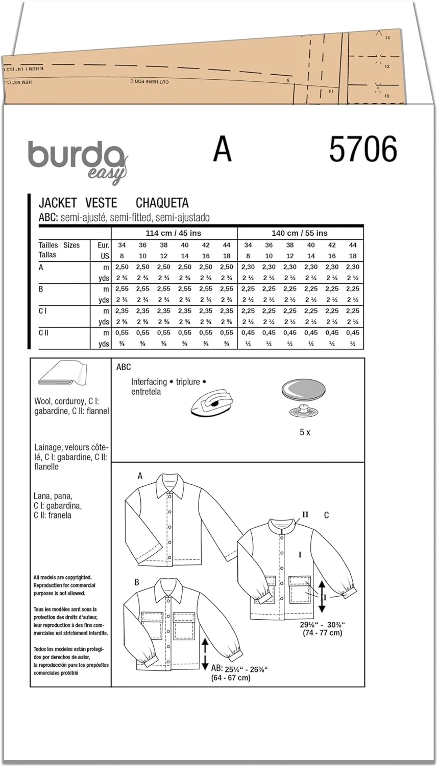 الگوی خیاطی ژاکت زنانه Burda Style X05706BURDA، کد طراحی B5706، سایزهای 8-18 (34-44)