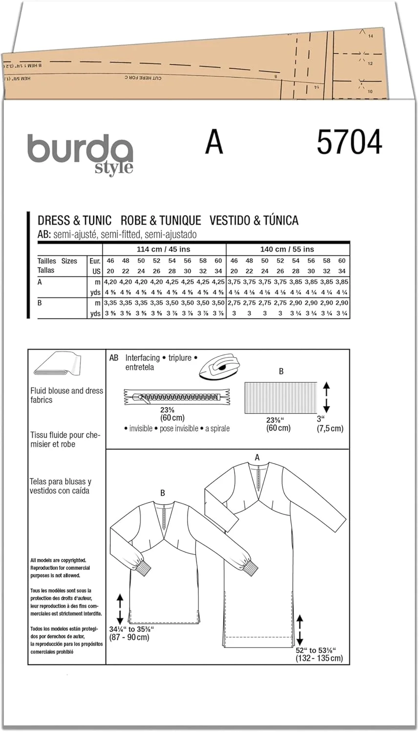 الگوی خیاطی آسان برای دوخت پیراهن ماکسی و تونیک زنانه Burda Style X05704BURDA، کد طراحی B5704، سایزهای 46-60 (20-34)