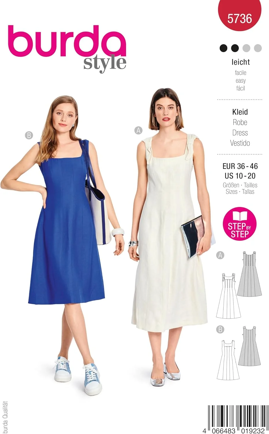 الگوی خیاطی زنانه Burda Style #5736، لباس میدی و مینی با پاپیون، سایزهای 36-38