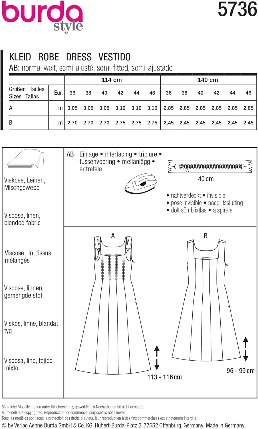 الگوی خیاطی زنانه Burda Style #5736، لباس میدی و مینی با پاپیون، سایزهای 36-38 الگوی خیاطی زنانه Burda Style #5736، لباس میدی و مینی با پاپیون، سایزهای 36-38