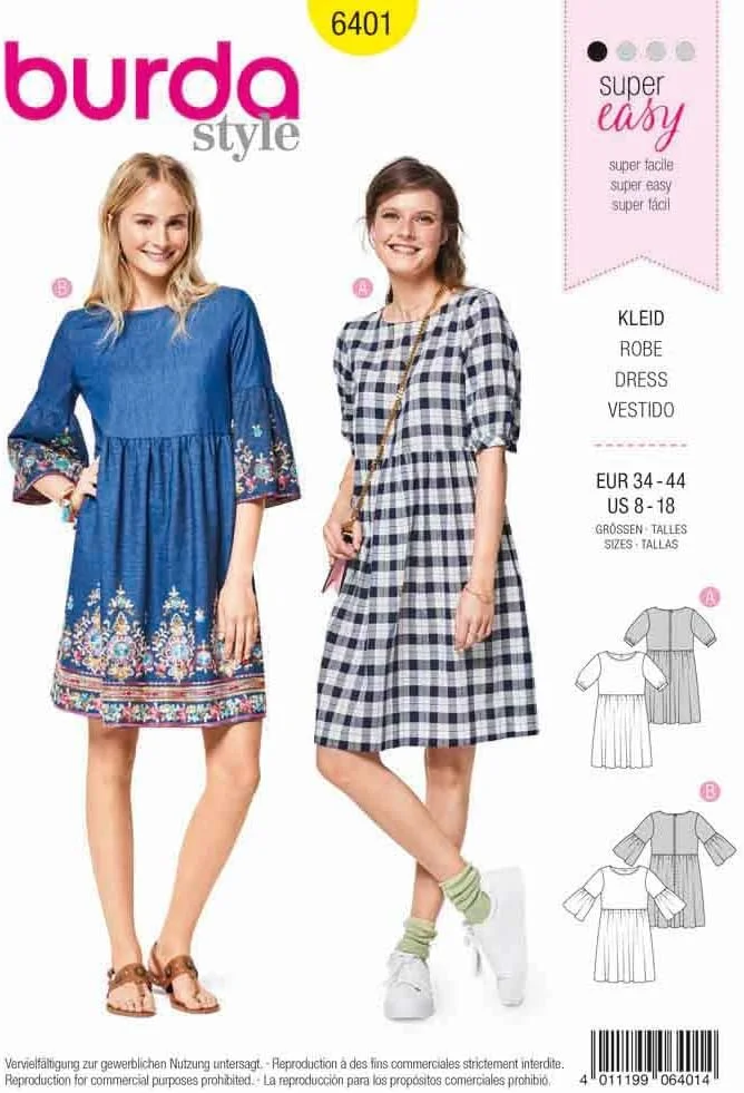 الگوی خیاطی Burda Style B6401 - لباس فون زنانه با مدل های مختلف آستین، A(8-10-12-14-16-18)