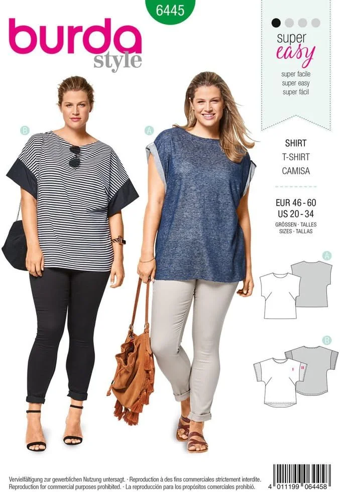 الگوی خیاطی بوردا استایل B6445 - تاپ های ساده زنانه با لبه منحنی، A(20-22-24-26-28-30-32-34)