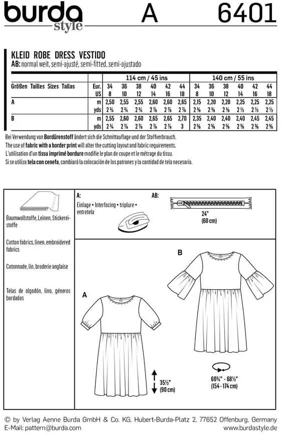 الگوی خیاطی Burda Style B6401 - لباس فون زنانه با مدل های مختلف آستین، A(8-10-12-14-16-18)