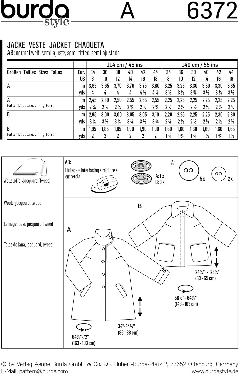 الگوی خیاطی بوردا استایل B6372 - کت های زنانه، A(8-10-12-14-16-18) الگوی خیاطی بوردا استایل B6372 - کت های زنانه، A(8-10-12-14-16-18)