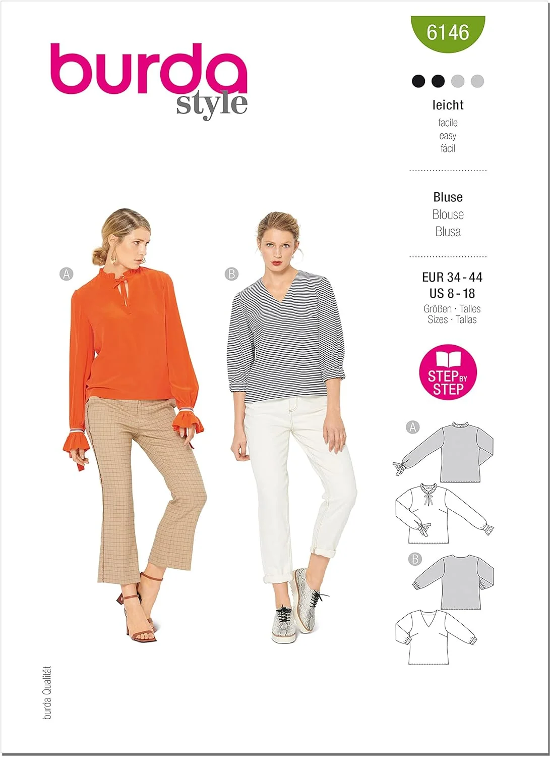 الگوی خیاطی بلوز آستین بلند زنانه Burda Style، کد 6146، سایزهای 36-46، چند رنگ