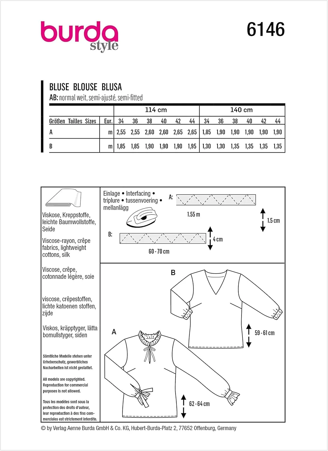 الگوی خیاطی بلوز آستین بلند زنانه Burda Style، کد 6146، سایزهای 36-46، چند رنگ