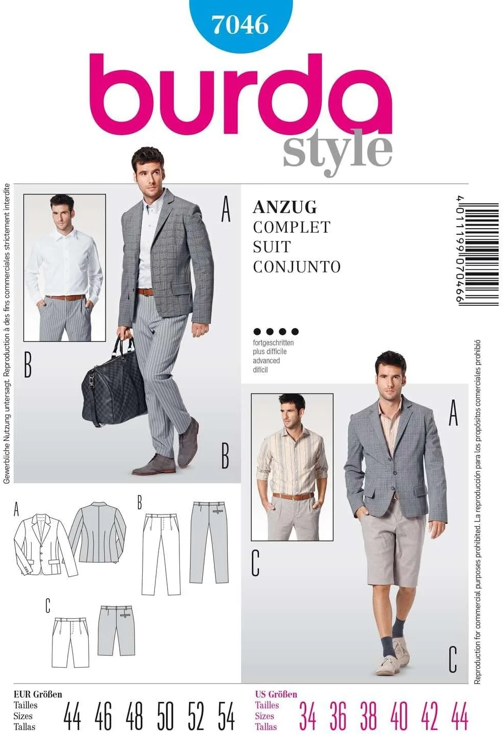 الگوی خیاطی کت و شلوار مردانه BURDA STYLE 7046 - شامل ژاکت، شورت و شلوار - سایزهای مردانه: 34 36 38 40 42 44