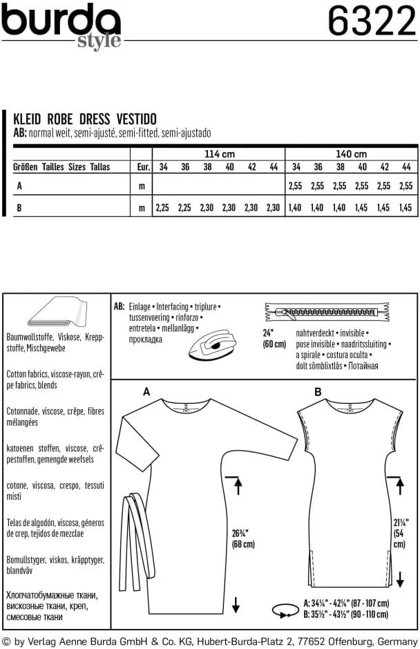 الگوی خیاطی بوردا 6322 پیراهن [سایز زنانه 8-10]، ایده آل برای مبتدیان [L1]