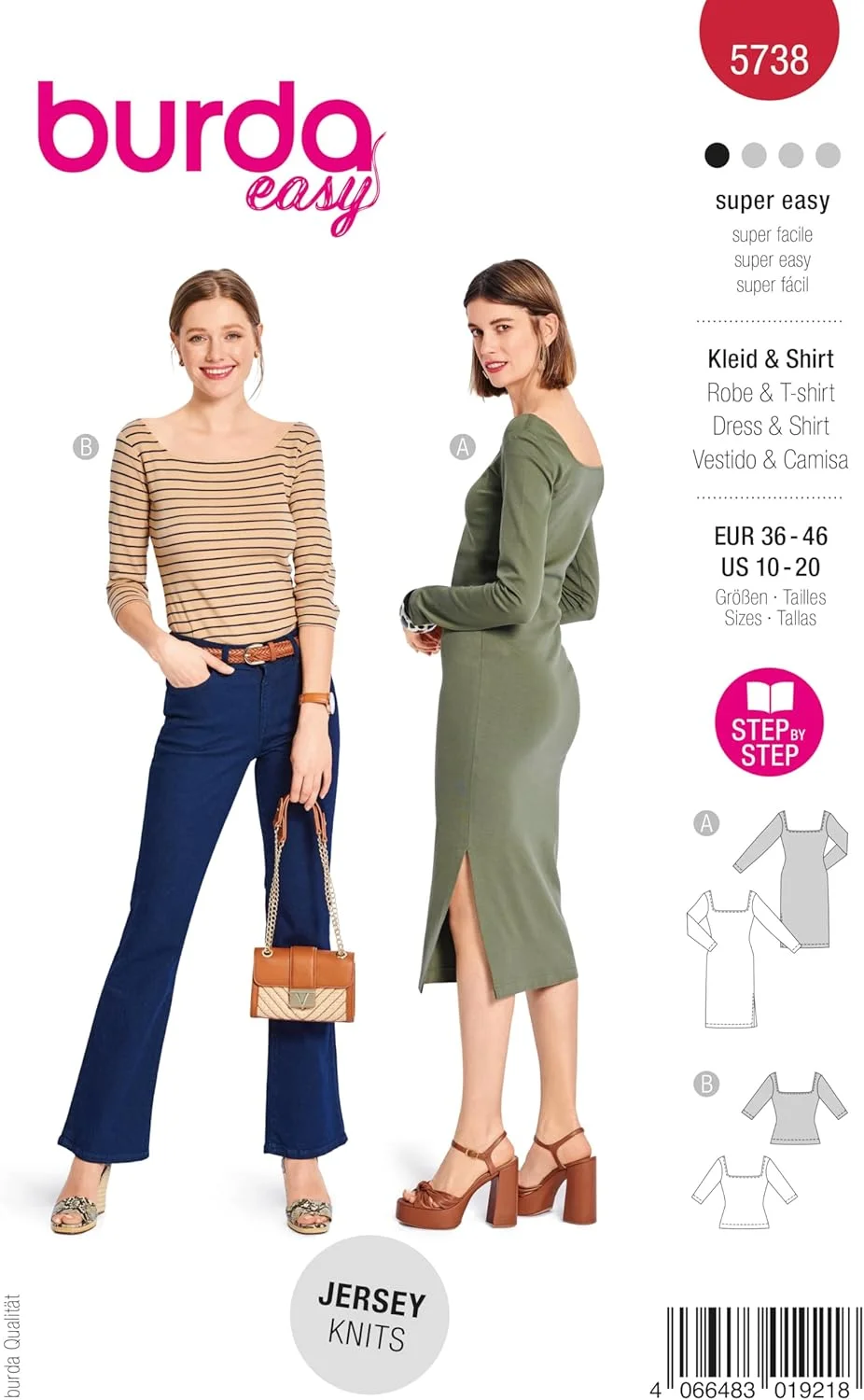 الگوی خیاطی آسان بوردا شماره 5738، لباس جذب زنانه با چاک پهلو و پیراهن با یقه باز، سایزهای 36-38