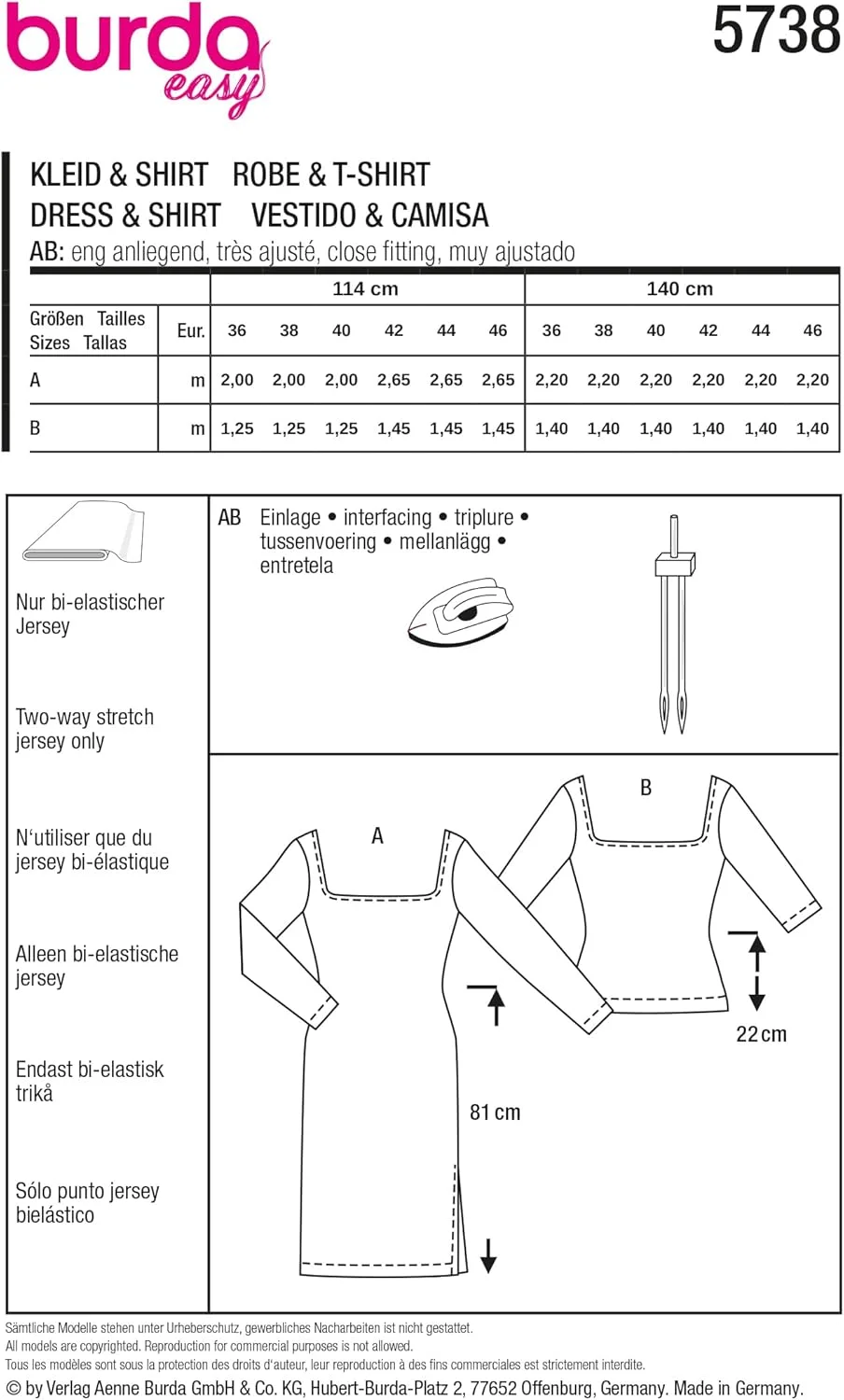 الگوی خیاطی آسان بوردا شماره 5738، لباس جذب زنانه با چاک پهلو و پیراهن با یقه باز، سایزهای 36-38