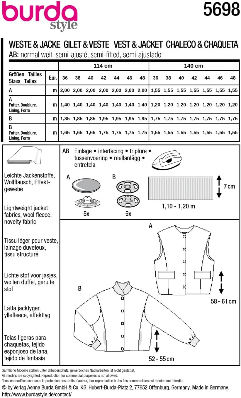 الگوی خیاطی بوردا استایل #5698 جلیقه زنانه با دکمه سایز 36-48