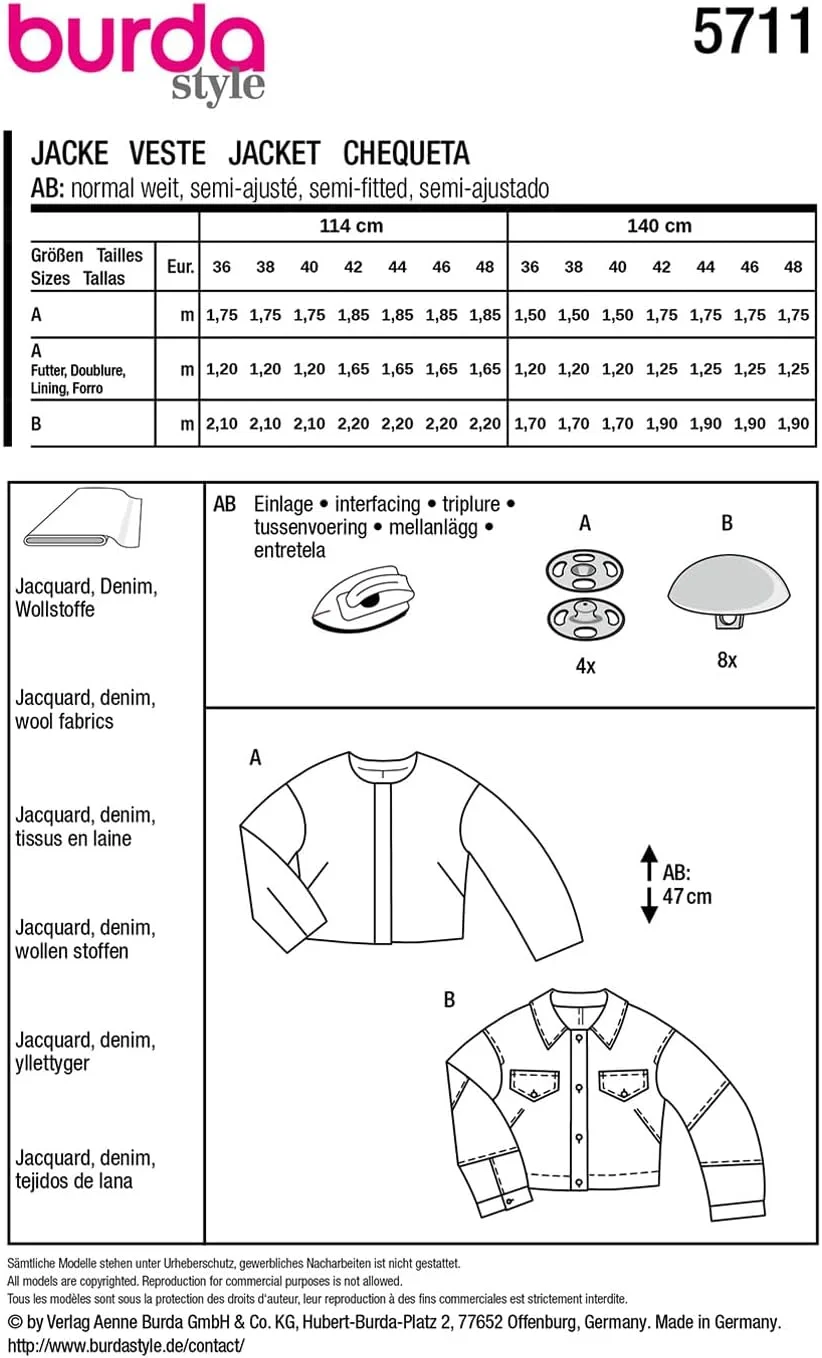 الگوی خیاطی بوردا استایل #5711، ژاکت کوتاه زنانه، سایز 36-48