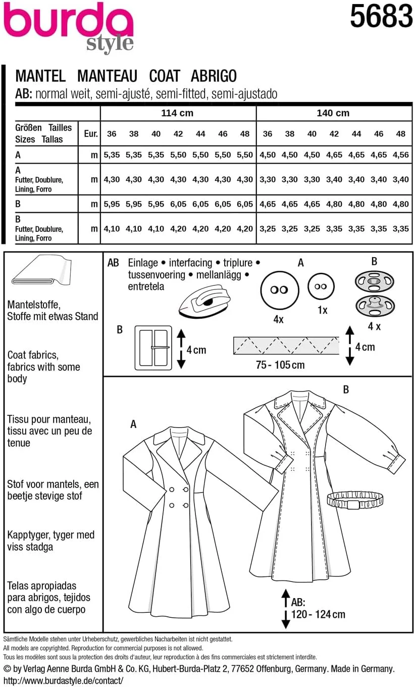 الگوی خیاطی زنانه بوردا استایل مدل 5683، کت های زنانه با یقه XL، سایز 36-48