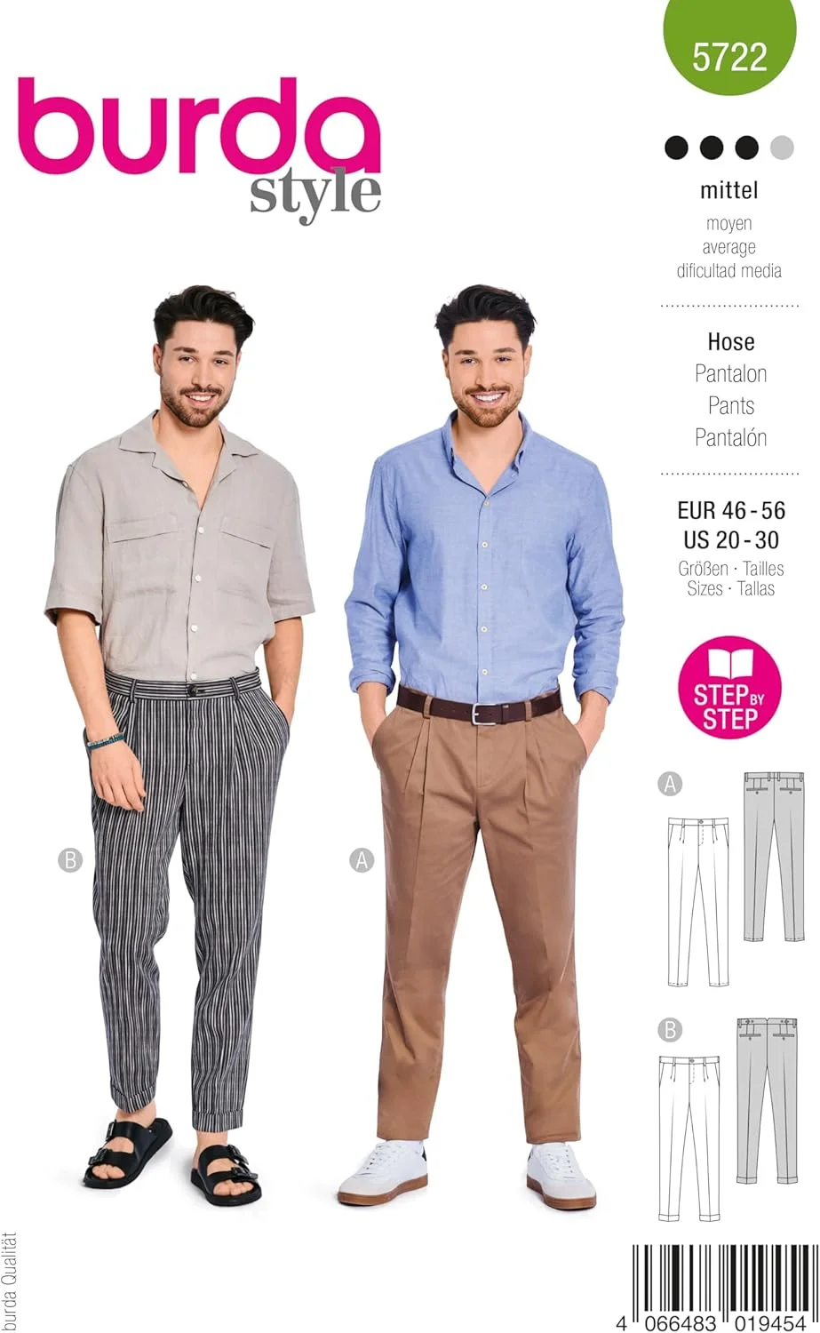 الگوی خیاطی مردانه Burda Style #5722، شلوار پلیسه دار و شلوار کت و شلوار، سایز 46-56