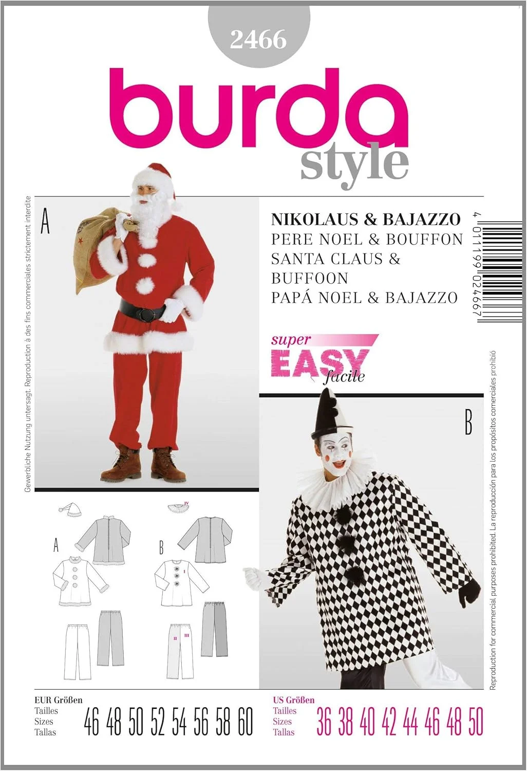 الگوی خیاطی بوردا 2466 لباس فانتزی مردانه سایز 46/48-58/60