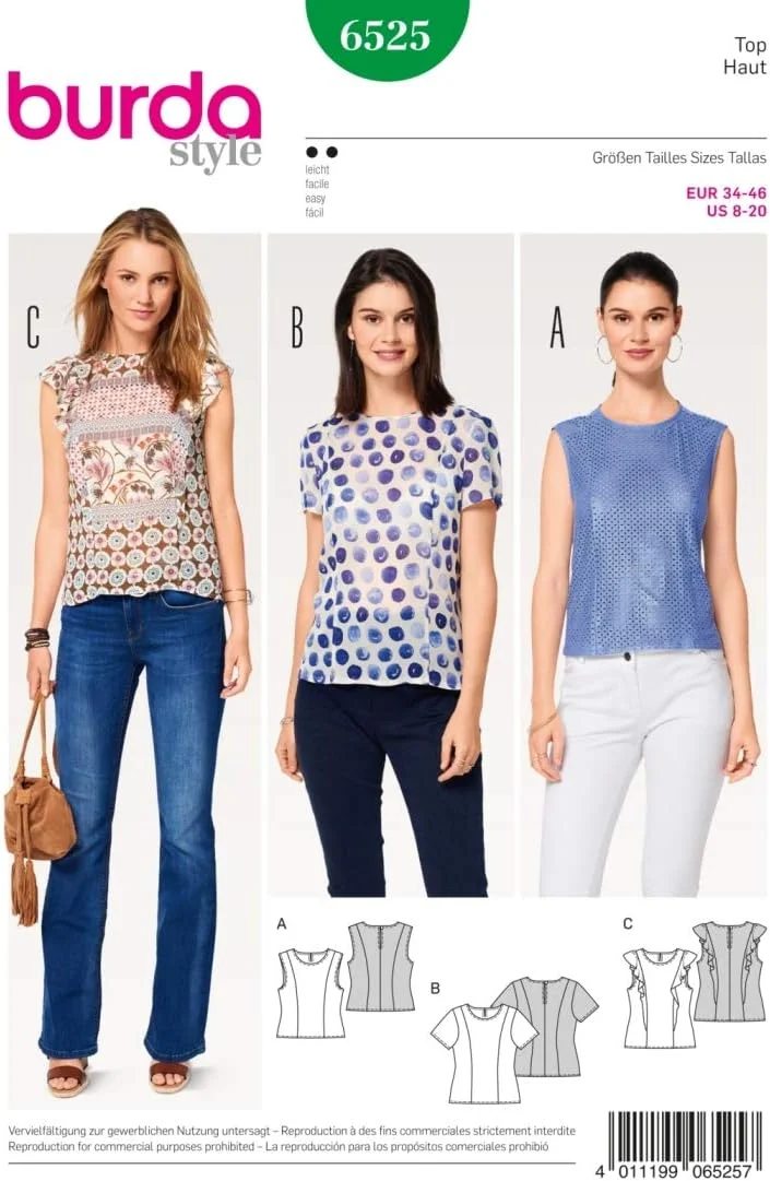 الگوی خیاطی بلوز و تاپ زنانه بردا 6525 با دوخت تقسیم کننده (سایز 36-46)، سطح 2 آسان الگوی خیاطی بلوز و تاپ زنانه بردا 6525 با دوخت تقسیم کننده (سایز 36-46)، سطح 2 آسان
