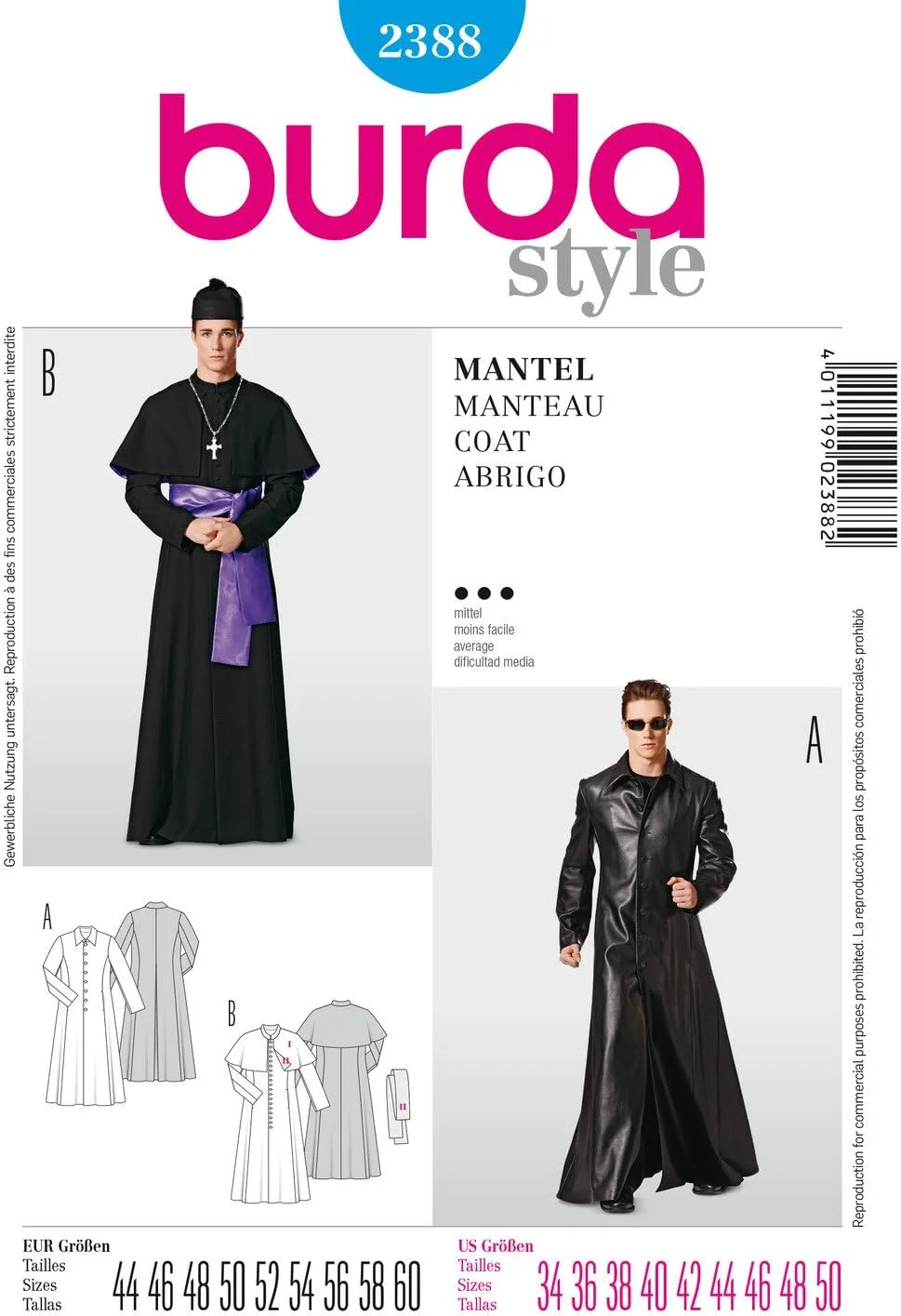 الگوی خیاطی بوردا 2388 لباس فانتزی مردانه: کت با شال و پلرین، سایز 44-60