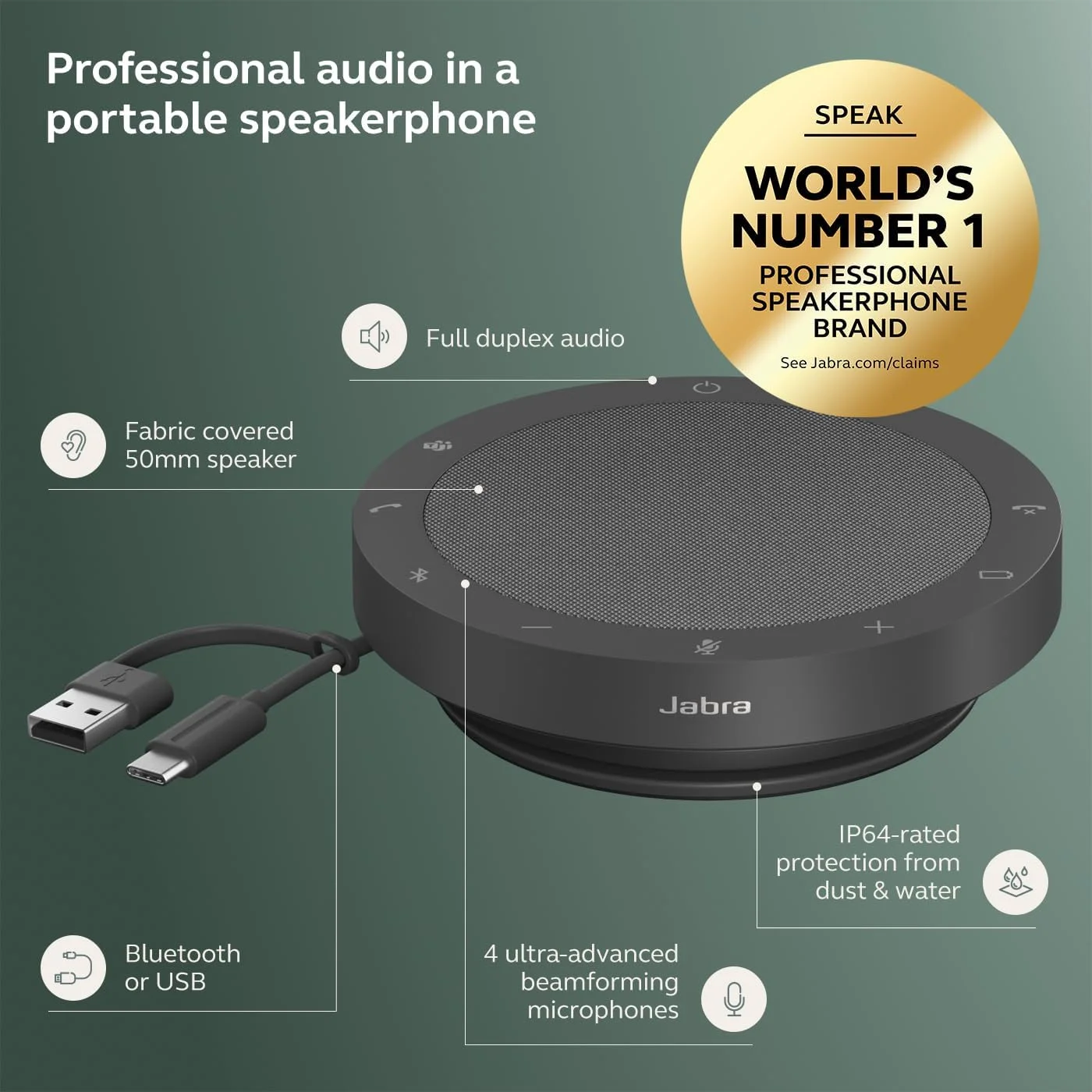 اسپیکرفون بلوتوثی بی سیم Jabra Speak2 55 (نسخه 2025) - اسپیکر قابل حمل با 4 میکروفون حذف نویز - دارای گواهینامه Microsoft Teams - خاکستری تیره اسپیکرفون بلوتوثی بی سیم Jabra Speak2 55 (نسخه 2025) - اسپیکر قابل حمل با 4 میکروفون حذف نویز - دارای گواهینامه Microsoft Teams - خاکستری تیره