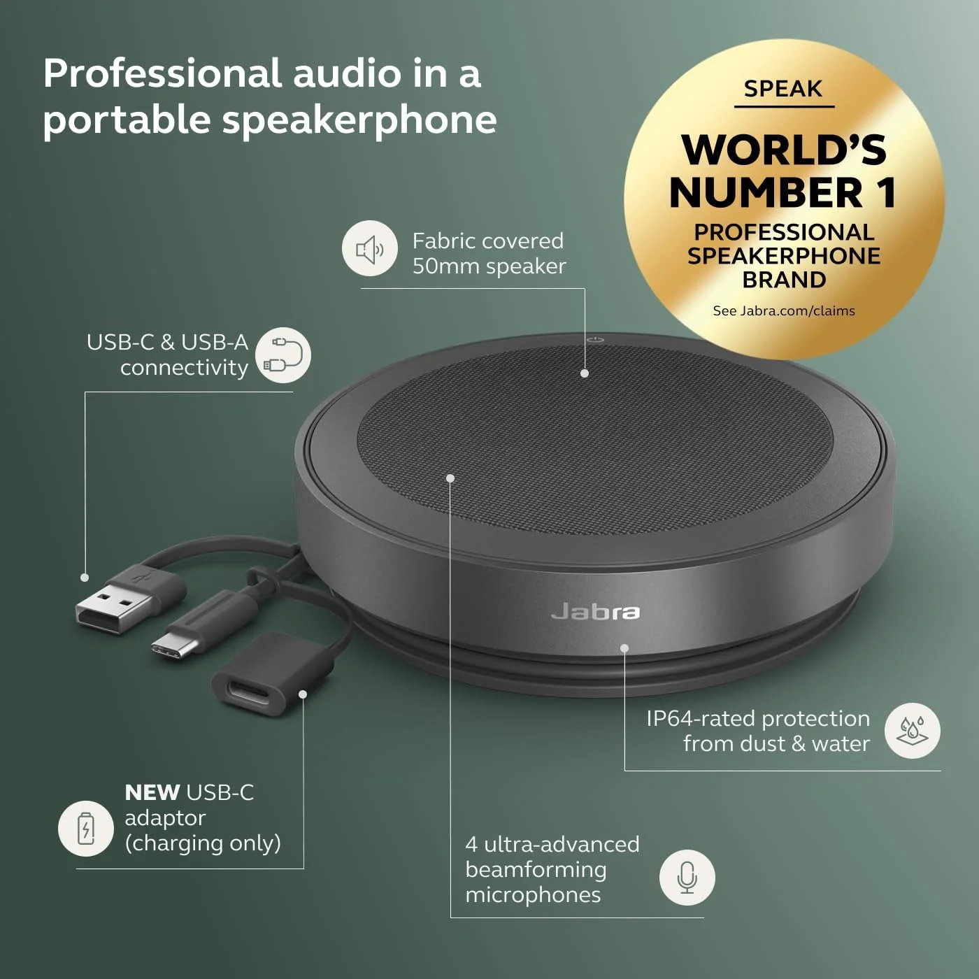 اسپیکرفون بلوتوث بیسیم Jabra Speak2 75 (نسخه 2025) - 4 میکروفون حذف نویز، بلندگوهای 65 میلیمتری - ویژگی اتصال جدید - دانگل USB-A - دارای گواهینامه برای Zoom و Google Meet - خاکستری تیره اسپیکرفون بلوتوث بیسیم Jabra Speak2 75 (نسخه 2025) - 4 میکروفون حذف نویز، بلندگوهای 65 میلیمتری - ویژگی اتصال جدید - دانگل USB-A - دارای گواهینامه برای Zoom و Google Meet - خاکستری تیره