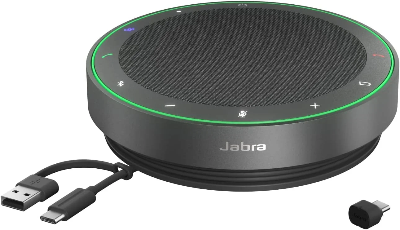اسپیکرفون بلوتوثی بی سیم جبرا Speak2 75 برای کار و موسیقی - 4 میکروفون حذف نویز، بلندگوهای 65 میلی متری - ویژگی اتصال جدید - آداپتور USB-C - دارای گواهی Microsoft Teams - خاکستری تیره