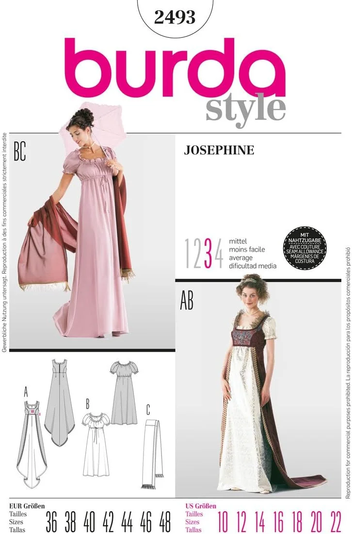 الگوی خیاطی بردا 2493 Josephine ~ لباس مجلسی امپراطوری زنانه، سایز 38-50