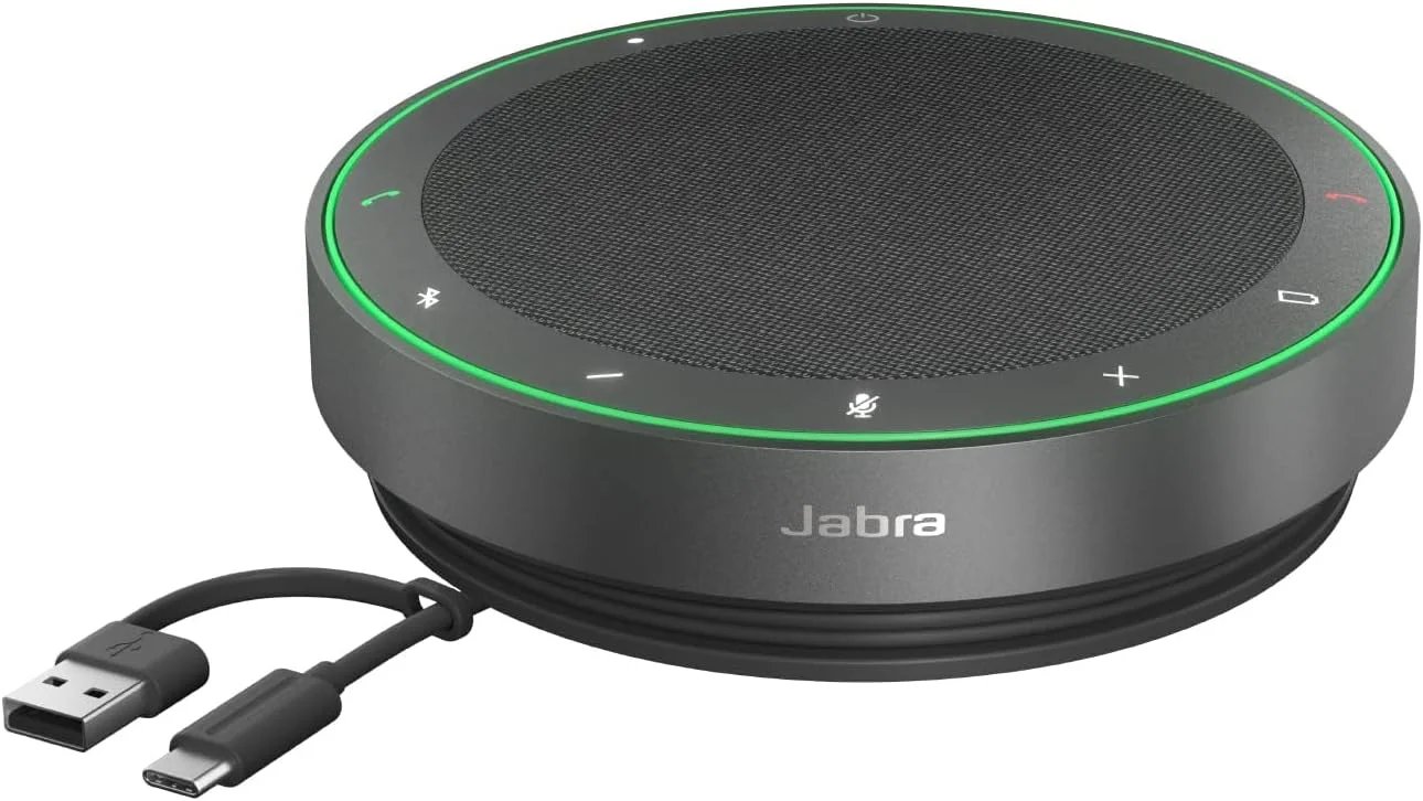 اسپیکرفون بلوتوث بی سیم جبرا Speak2 75 برای کار و موسیقی - 4 میکروفون حذف نویز، بلندگوهای 65 میلی متری - ویژگی اتصال جدید - آداپتور USB-A و USB-C - دارای گواهی برای Zoom و Google Meet - خاکستری تیره
