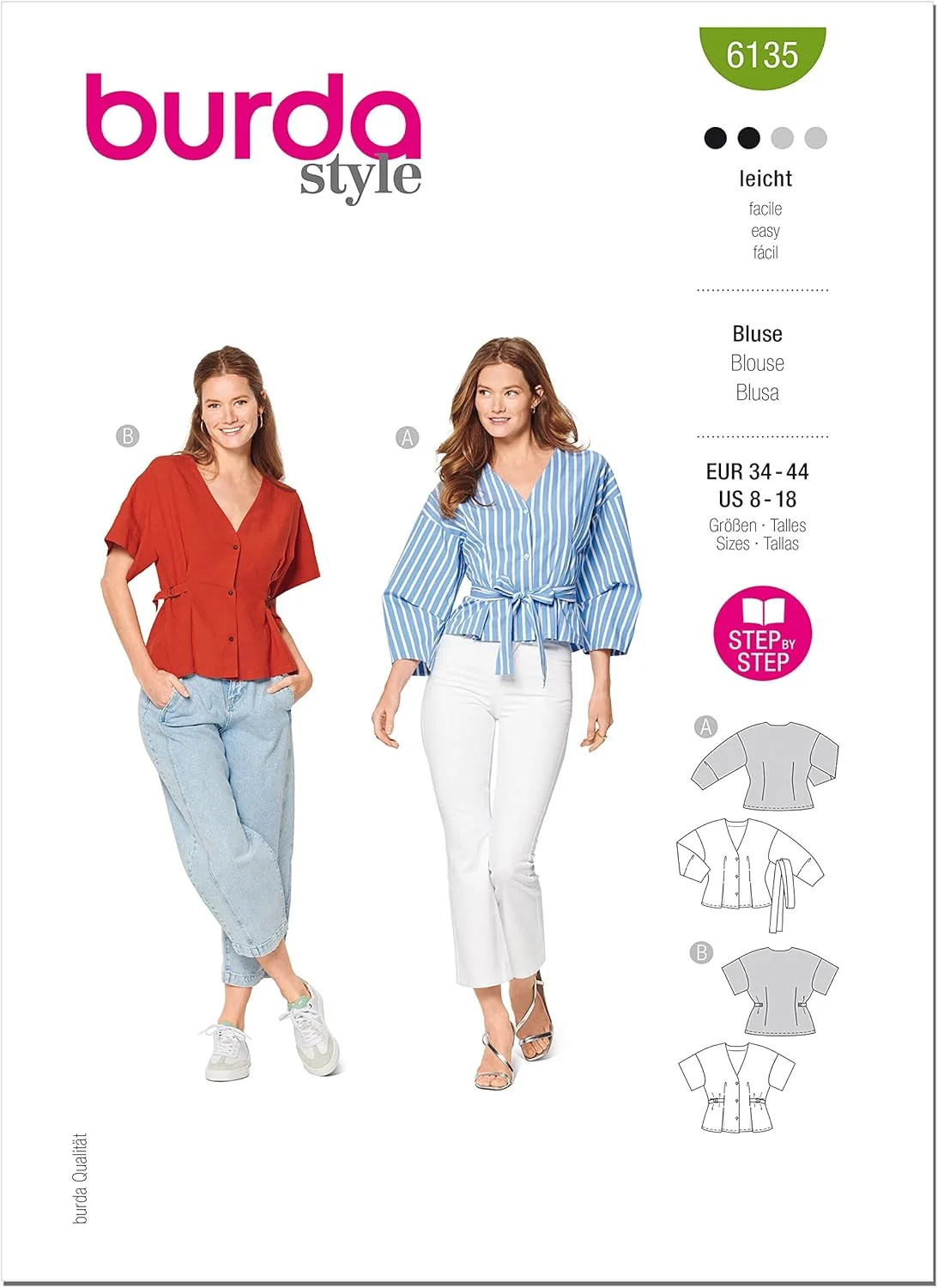 الگوی خیاطی بلوز یقه هفت زنانه Burda Style، کد 6135، سایزهای 36-46، چند رنگ