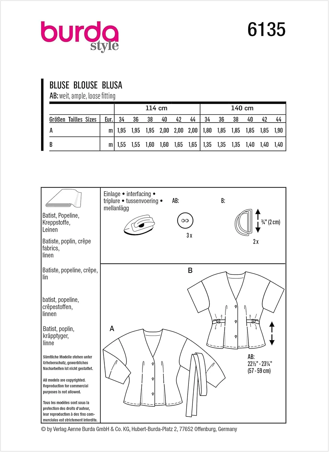 الگوی خیاطی بلوز یقه هفت زنانه Burda Style، کد 6135، سایزهای 36-46، چند رنگ